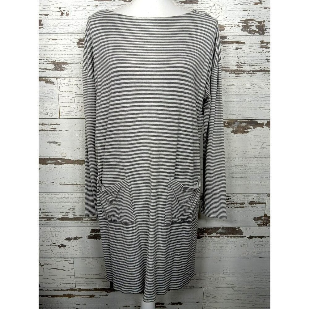 J. JILL T-shirt Tunic Dress Gray/White Stripe Patch Pockets Sz M EUC